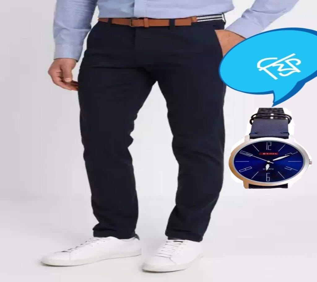 Navy Blue Gabardine Pant with Free same color Watch