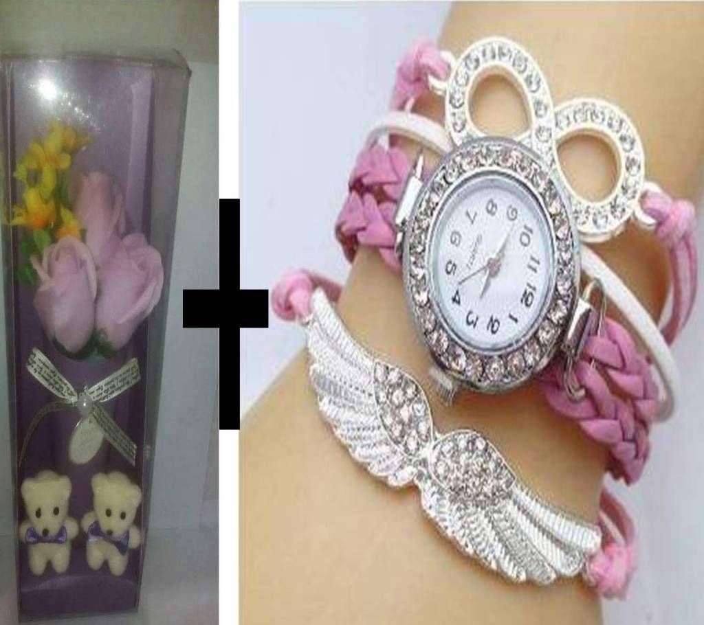 Artificial Rose showpiece and Ladies Bracelet Watch Combo Offer