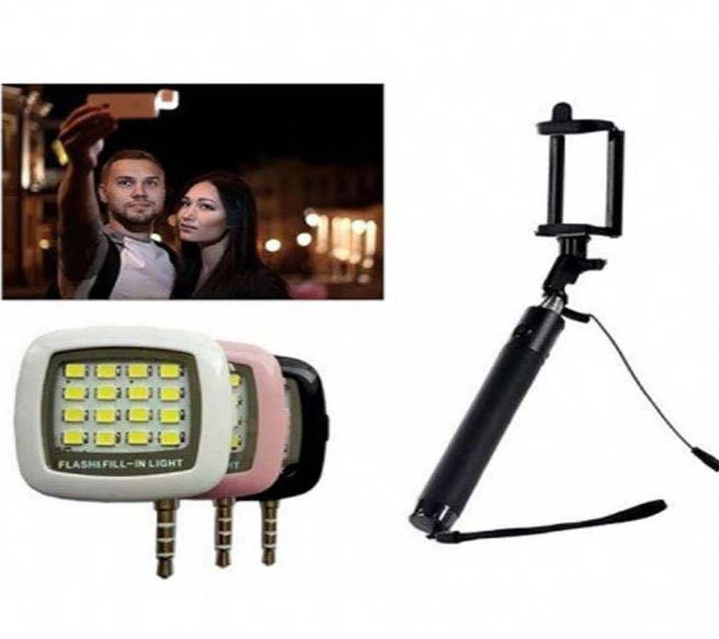 LED selphi flash lights + selfe stick combo