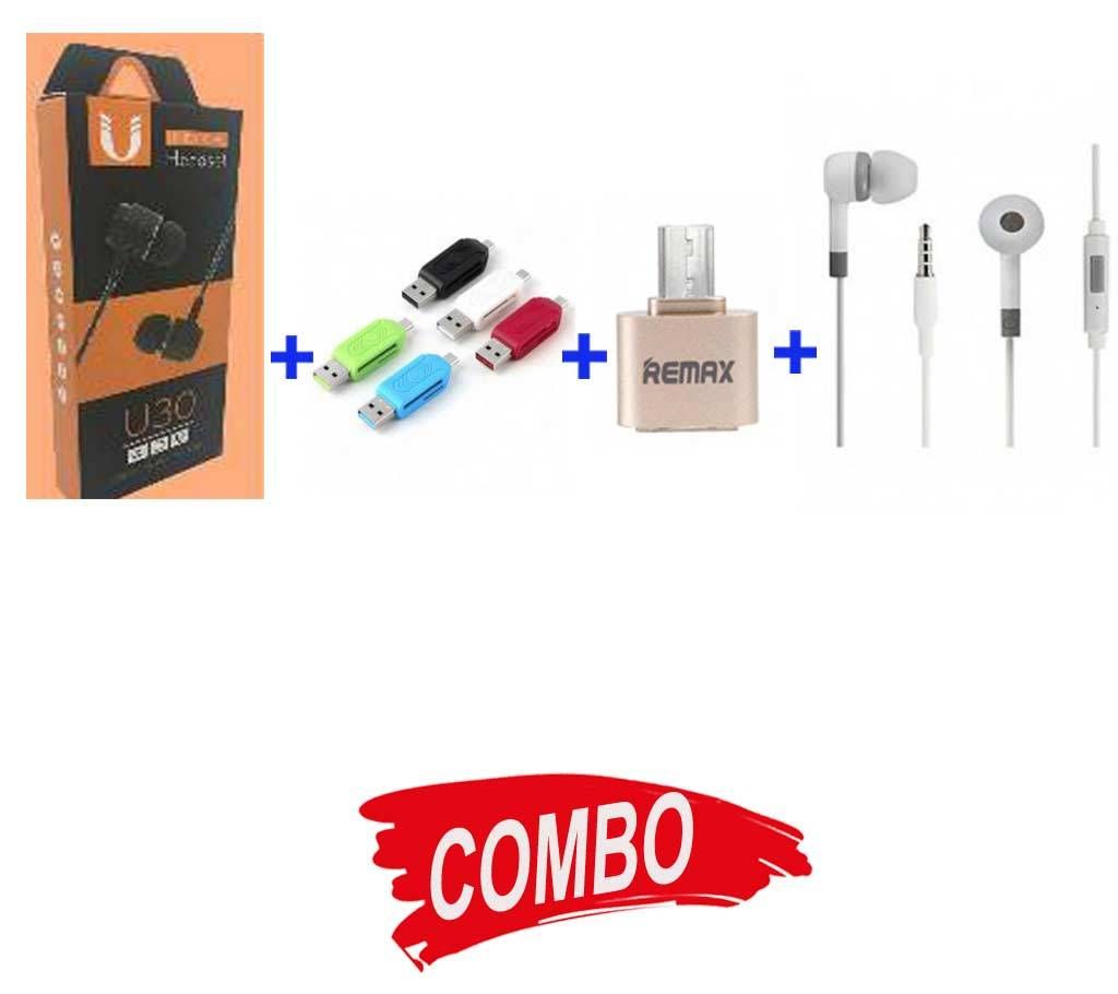 BMI-U30 UNIVERSEL EAR PHONE+MI-HEADPHONE-REPLICA-582+OTG CARD READER+REMAM OTG USB 2.0 ADAPTER Combo 