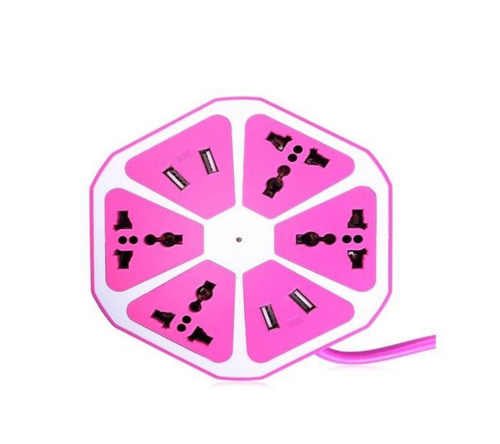Universal 4 USB Hexagon Power Socket Extension - Hot Pink
