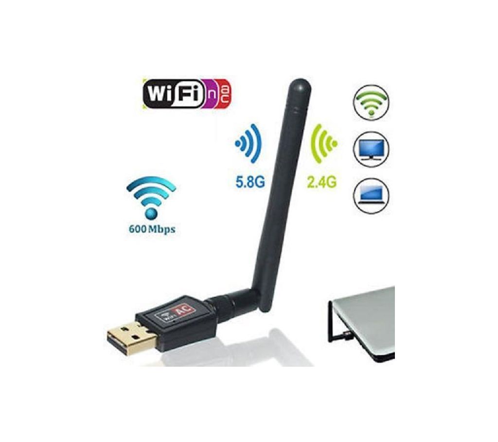 600Mbps Mini USB 2.0 Port Wireless Wifi Adapter 802.IIac With Antenna - Black