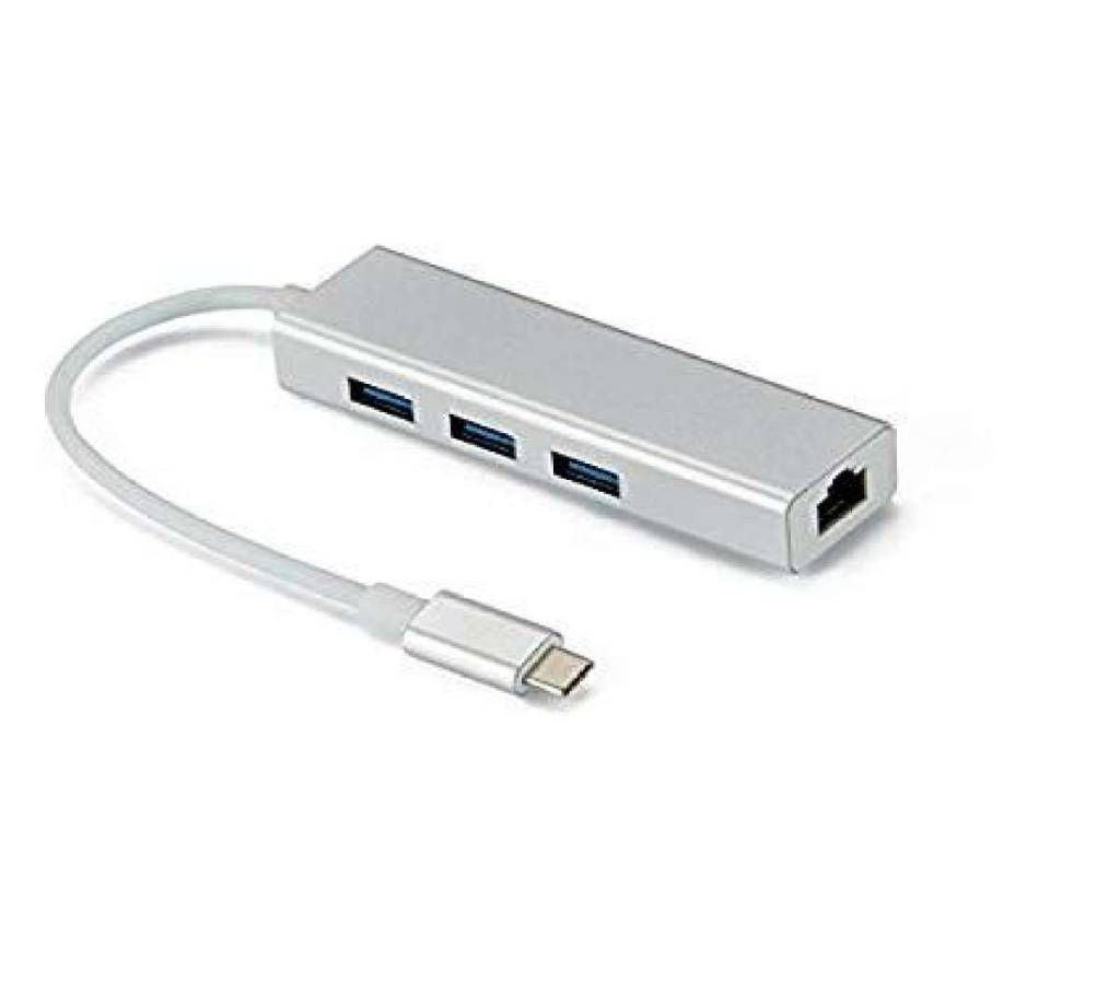 USB 3.1 Type C to 3-Port USB 3.0 Hub with RJ45 10/100/1000 Gigabit Ethernet