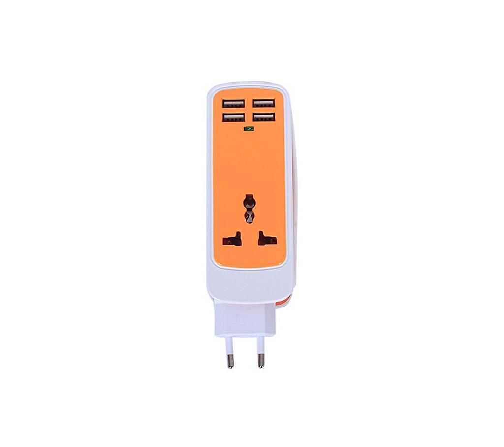 5 in 1 USB Charger Socket - 4 USB ports and 1 Universal Socket - White and Yellow