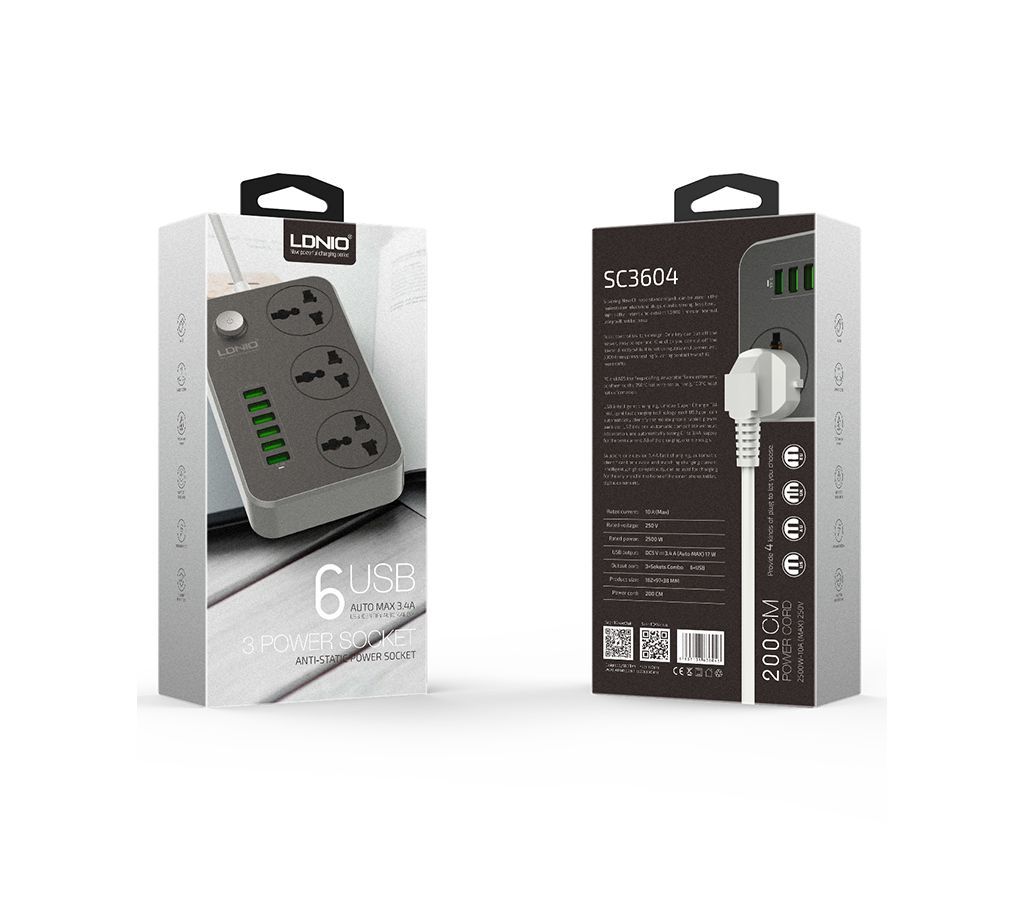 LDNIO SC3604 Power Strip with 6 USB Port 3 Outlet Grounding Extension Socket Adapter