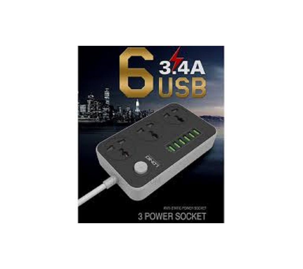 Power Strip with 3 AC Sockets and 6 USB Ports