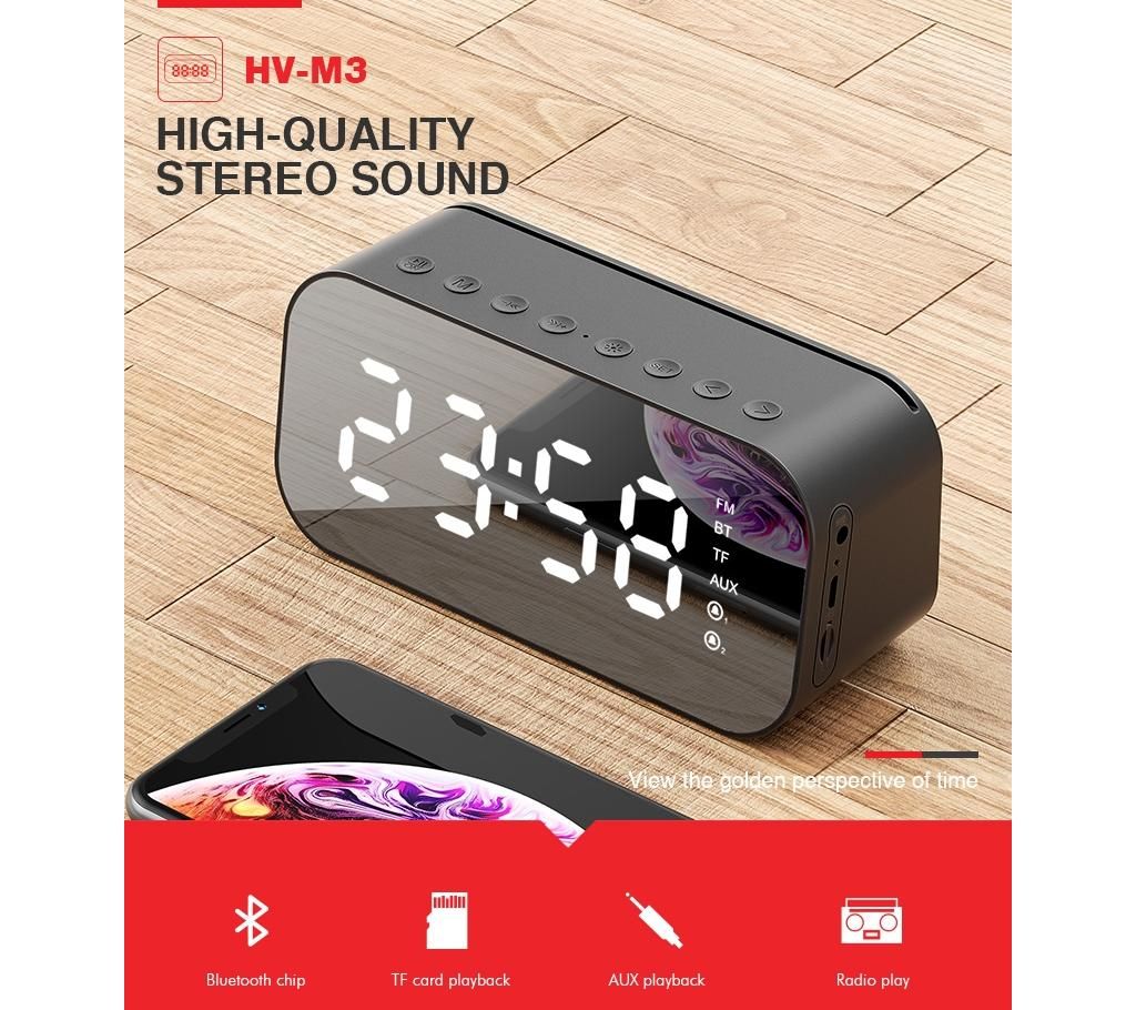 Havit M3 Wireless bluetooth Speaker LED Display Dual Alarm Clock FM Radio TF Card Stereo Bass Speaker with Mic