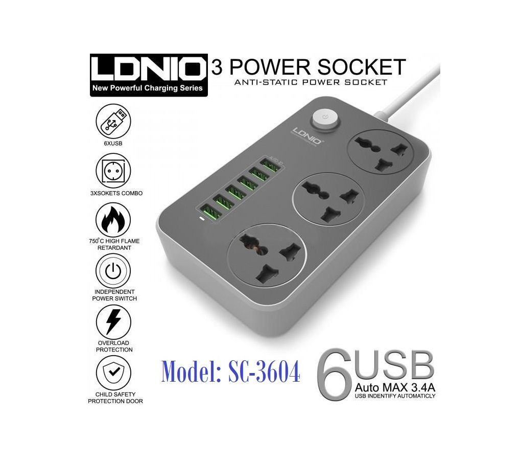 LDNIO Multiplug 6 USB Charger and 3 Electrical Socket SC-3604 Fast Charging Smart Power Strip [6 USB Charger 3 Universal Power Plug (EU/UK/US/AU)]