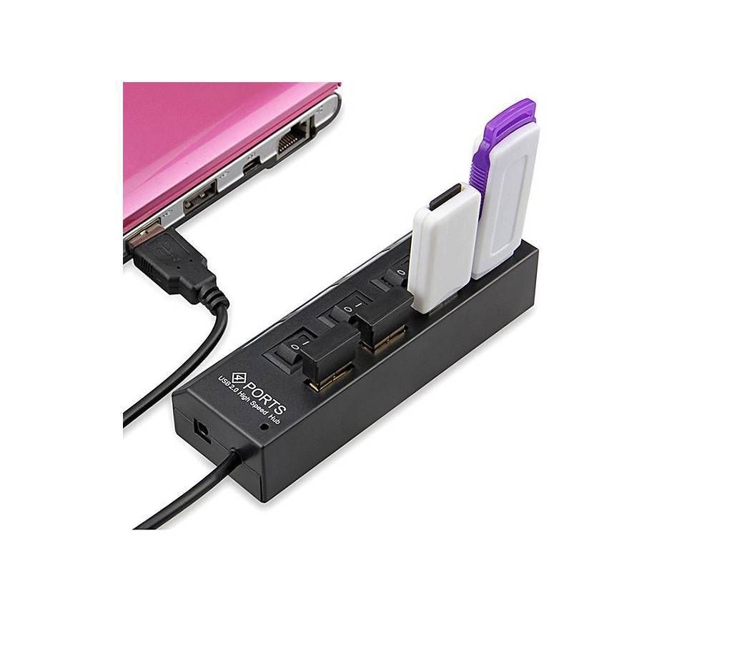 4 Ports USB 2.0 Hub LED USB Hub With Switch - Black
