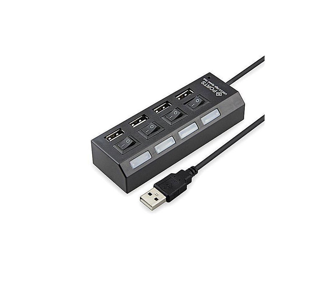 4 Ports LED USB 2.0 USB Hub With Switch - Black