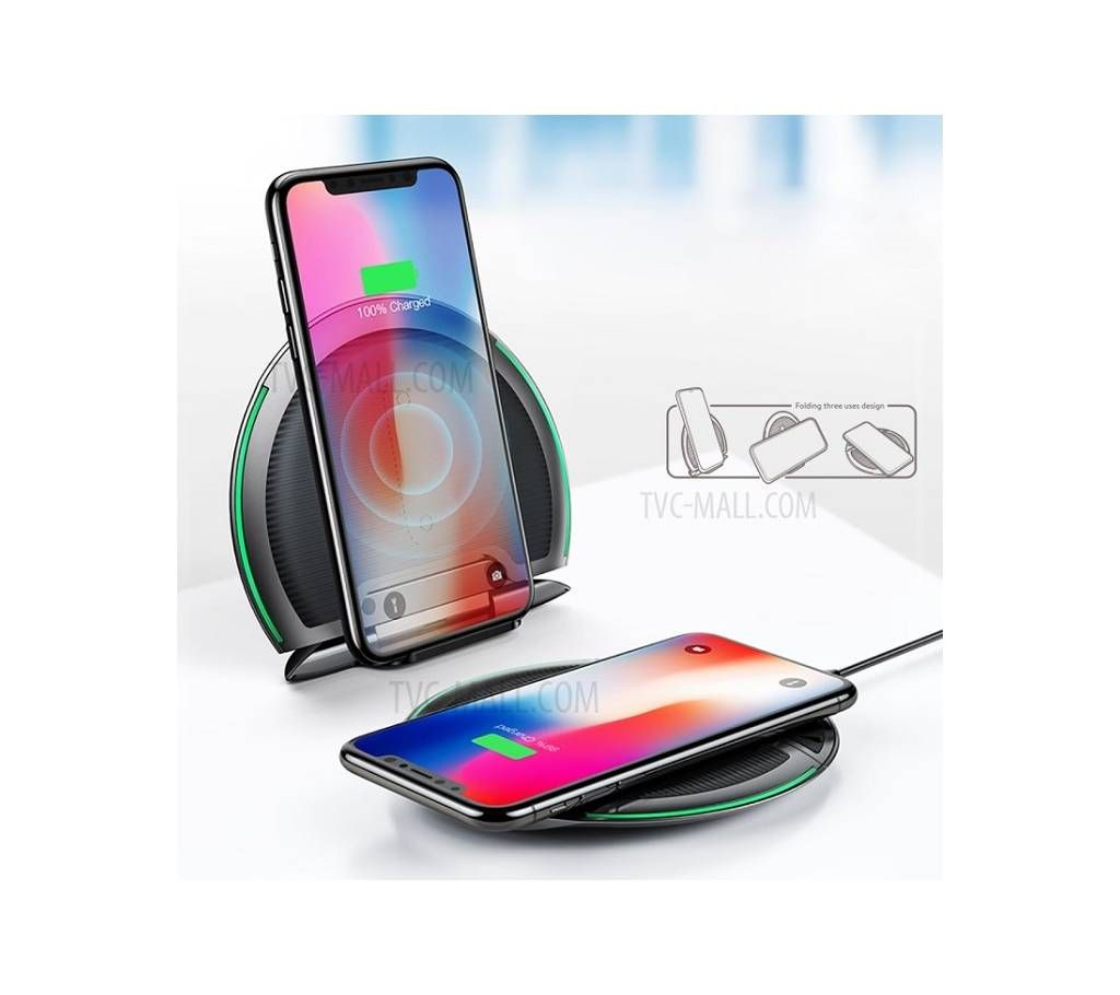 Baseus 10W Baseus 3-Coil Qi Fast Wireless Charging Foldable Pad Desk Stand-Black