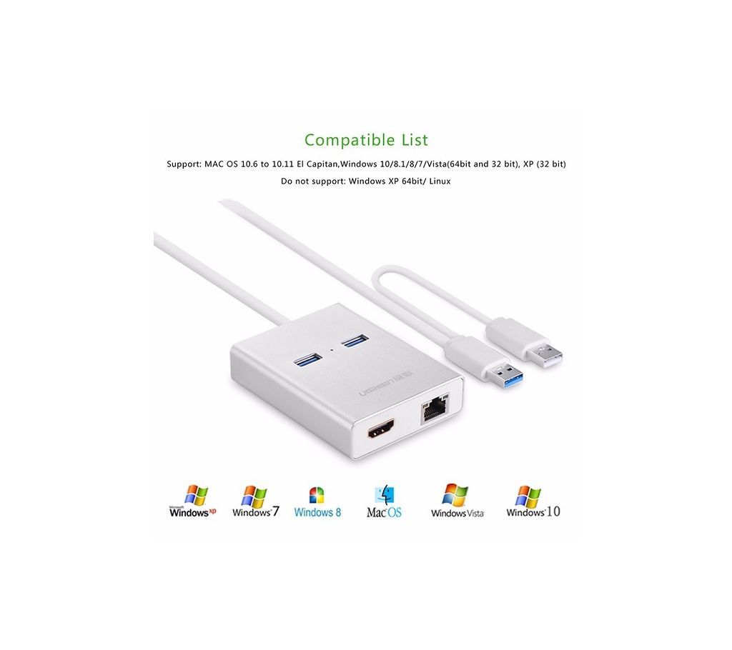 USB 3.0 to HDMI + 2 ports USB 3.0 + Gigabit lan port Silver 80CM