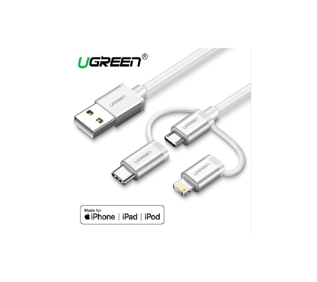 USB 2.0 to Micro USB Lightning Type C (3 in 1) Data Cable with Braid  Sliver 1M