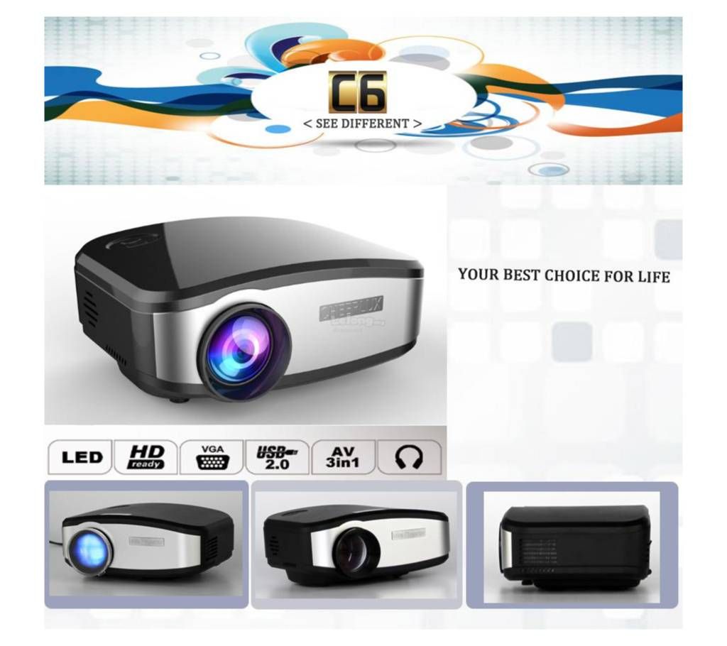 C6 Original- 1200 Lumens Projector with TV Port - Black and Silver