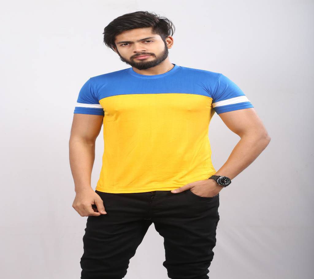 yellow and royal blue half sleeve t shirt for men 