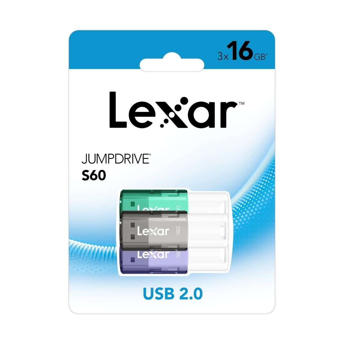 3 Pack Lexar S60 USB 2.0 16GB Jumpdrive - Black, Purple and Teal