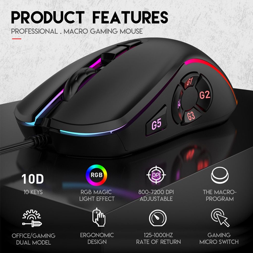 Wired Mouse USB Optical Gaming Mouse Programmable Computer Game Mice 4 Adjustable DPI LED RGB Lights  ro Mouse