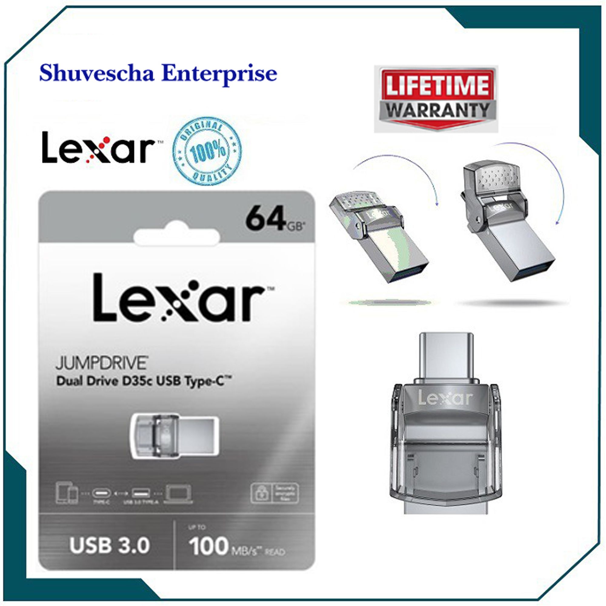 Lexar 64GB Type-C OTG Dual Drive Jump Drive D35c USB 3.0 Type C