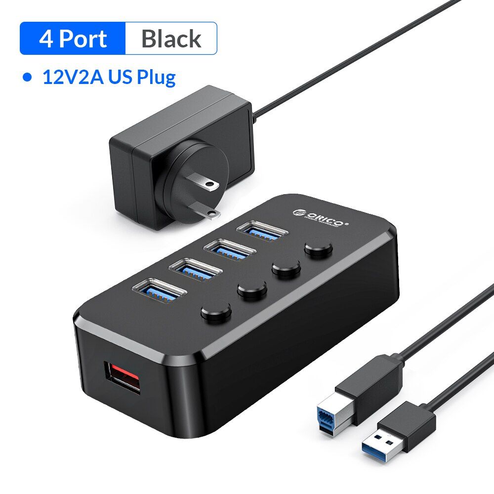 SWU3-4A SWU3-7A USB 3.0 HUB 7/4 Port Data Expansion, with 1 Charging Port and Independent Switch 12V PC Power Adapter（4 Port EU PLUG）