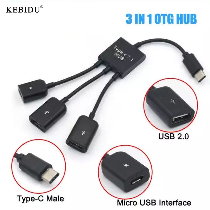 Kebidu 3 in 1 Port Micro USB OTG Hub Splitter for Smartphone Tablet