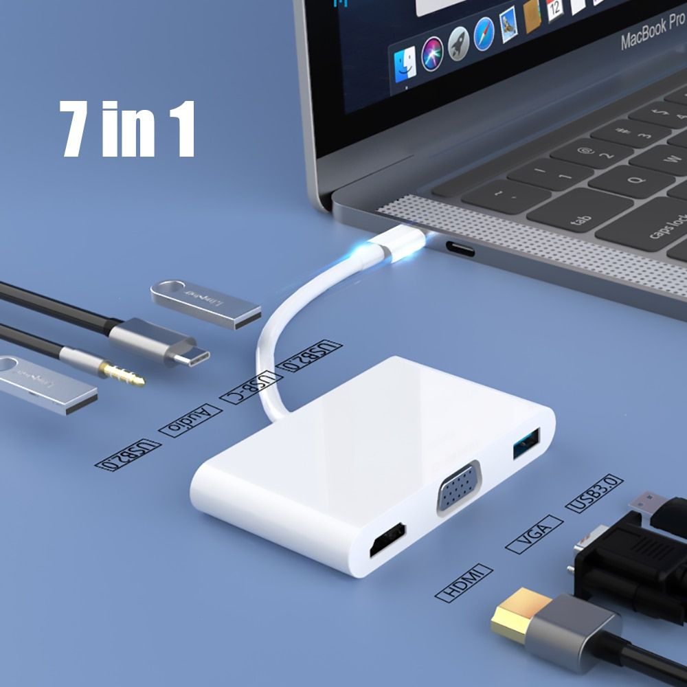 7 in 1 USB C Hub For Computer Adapter Laptop PD Charge 7 Ports HDMI 3.5mm Audio VGA Type-C USB 3.0 Splitter Phone Dock Station（7 in 1）