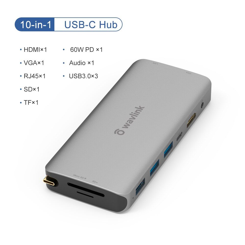 Wavlink USB Hub C HDMI Adapter 10 in 1 USB C to USB 3.0 Dock For Windows Mac USB-C Type C 3.1 Splitter USB C HUB 60W PD RJ45