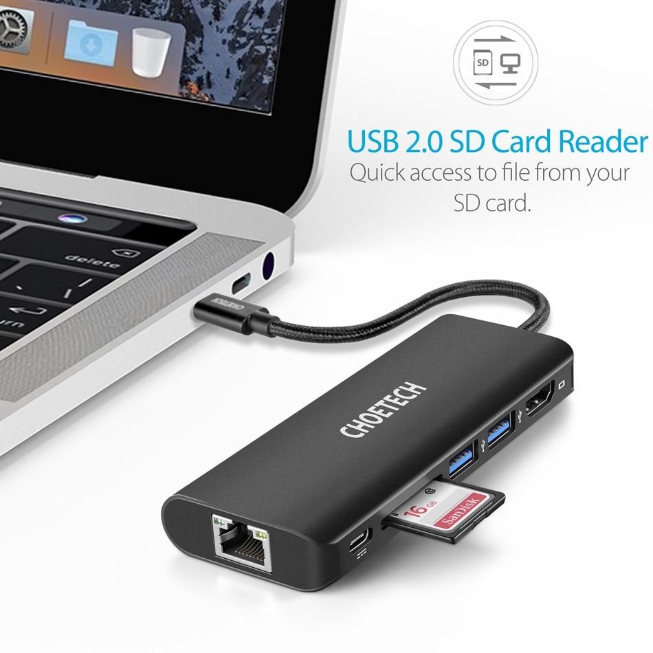 CHOETECH HUB-M05BK USB HUB USB-C Multiport Adapter PD Charger 4K HDMI SD Card Reader 2 USB 3.0 Ports 3.1 Type C Dock Station - Black