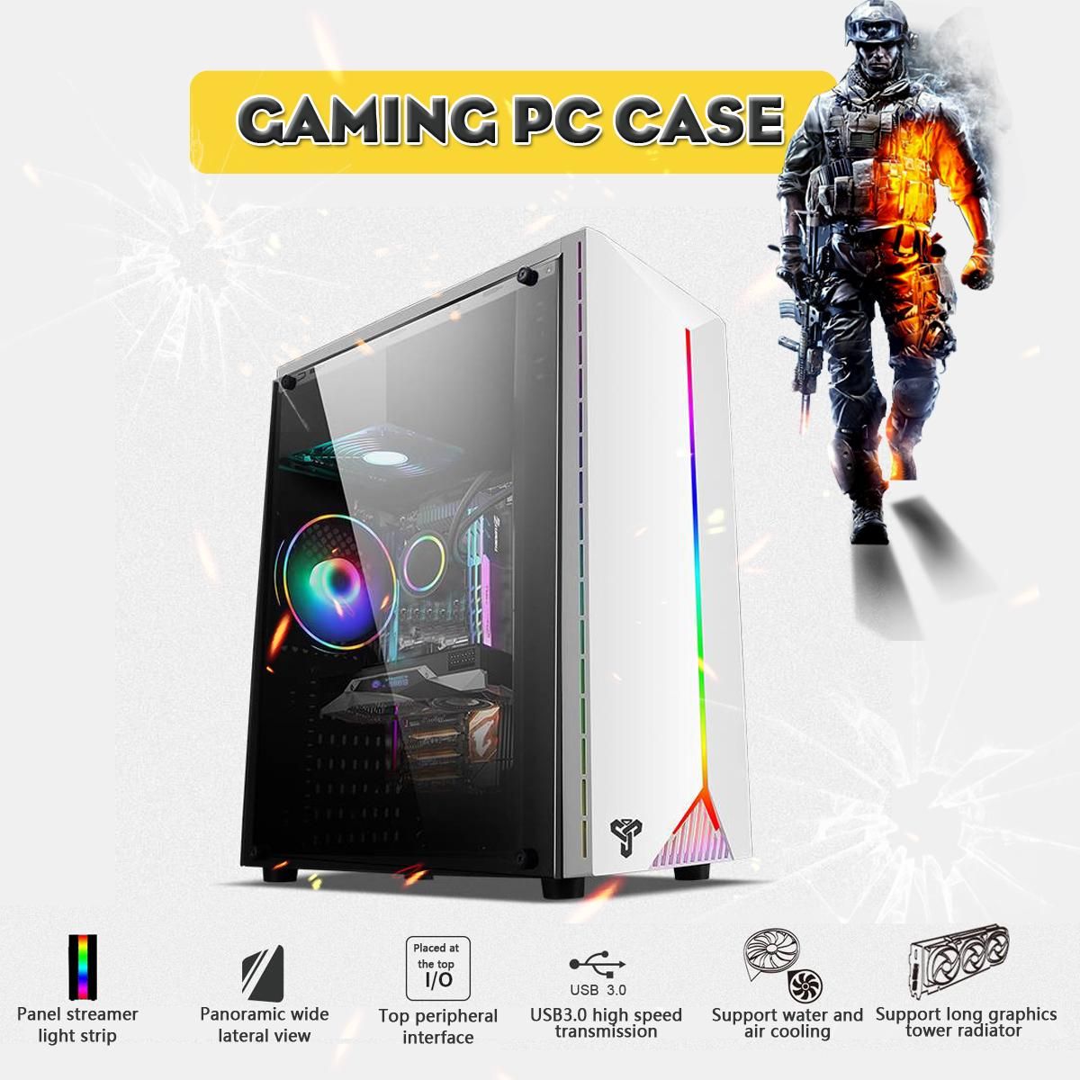 gaming pc case Acrylic transparent side panels Electric contest gaming with RGB belt support USB3.0 4 Cooling fan 2SSD 1HDD 310mm Graphics card 3 size of mainboard - white
