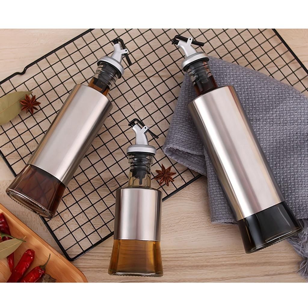 Silo Glass Oil and Vinegar Bottle Glass Leak proof Oil Control Pot 3 Pcs Combo Pak Stainless Steel. Glass Sealed Olive Oil Dispenser. CD:Z70.