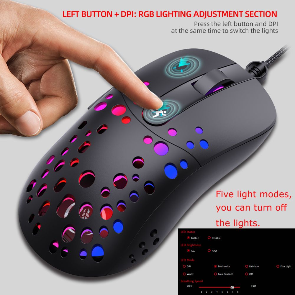 BBOOM 2021 A904 wired mouse RGB luminous hole mouse can turn off the lights 8000dpi adjustable 6D macro programming Fast delivery from stock