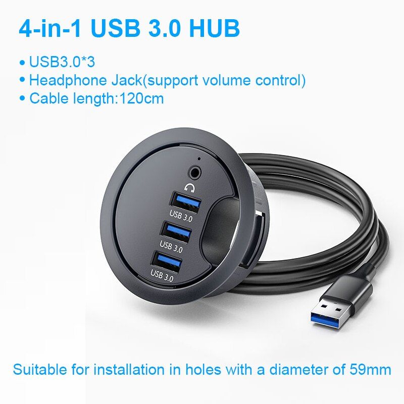 USB Desk Hub USB3.0 HUB With 4 Port USB3.0 Headphone/Mircophone Adapter For Desktop PC USB HUB Desk Mount USB 3.0 Splitter（5 in 1-USB3.0A）
