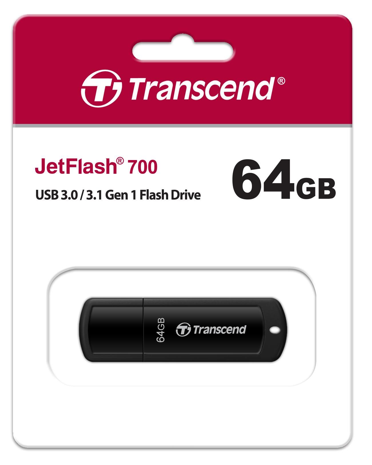 Transcends 64GB JetFlash 700 USB 3.1 Gen1 Flash Drive - Black