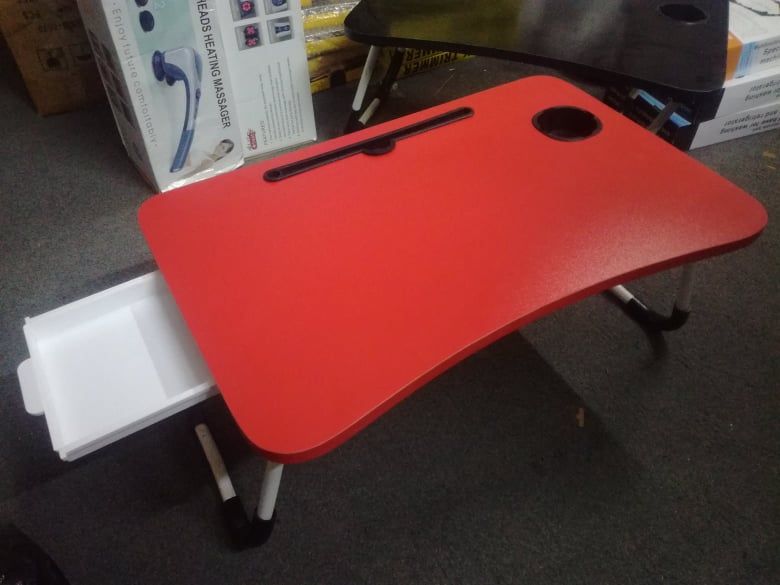 Portable Folding Laptop Table with Drawers, Laptop Bed Tray Table Reading Holder with Foldable Legs & Cup Slot, Lap Desk , Foldable Laptop Table for Bed, Portable Standing Desk with Storage Drawer, Laptop Table Stand Desk for Sofa Couch Floor (Red)