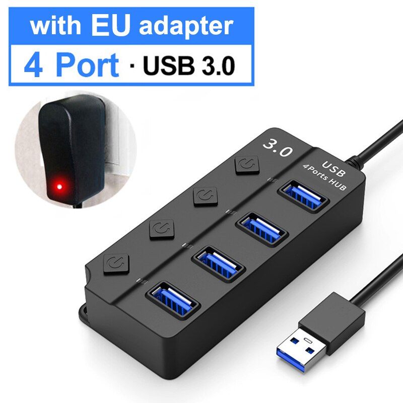 USB 3.0 Hub Fast Speed 4 7 Port With EU US AU UK Power Adapter Switch LED Indicator For Laptop Pc Computer Accessories HUB3.0
