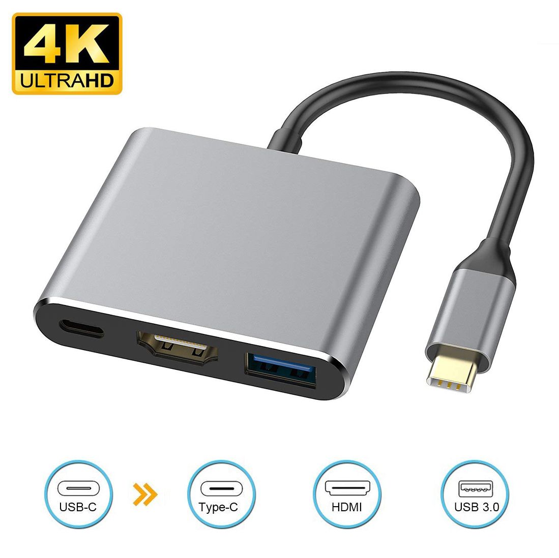 USB C to Adapter,USB Type C to 4K Hub (Thunderbolt 3 Compatible) 3 in 1 with USB 3.0 Port and Type-C PD 100W Fast Charging Port for MacBook Pro /Air,Galaxy S20/S10/S9/Note9/8,Huawei Mate10/20/920/P30,Yoga 900/XPS13 etc