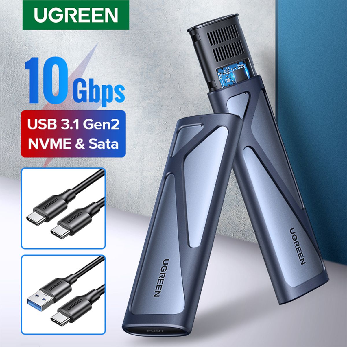 (Case Only)UGREEN M.2 NVMe SSD Enclosure Dual Protocol NVMe SATA to USB 3.1 Gen2 10 Gbps NVMe PCI-E M.2 SSD Case Support UASP For Hard Disk
