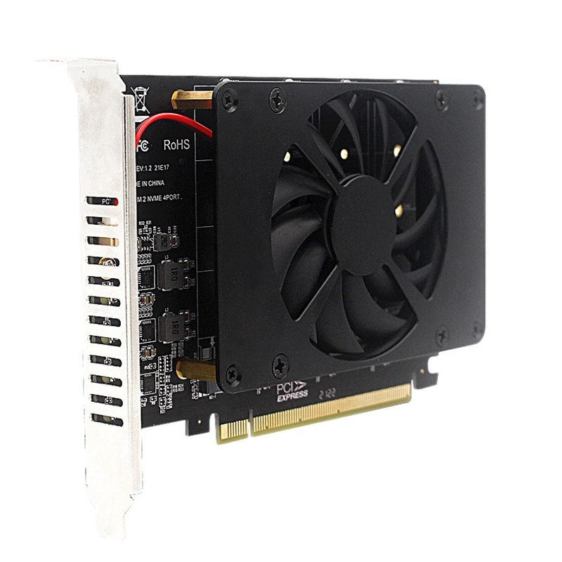 PCIE to 4XM.2 M KEY NVME SSD PCIE16X Expansion Card with Cooling Fan for Desktop PC WindowsXP 7 8 10