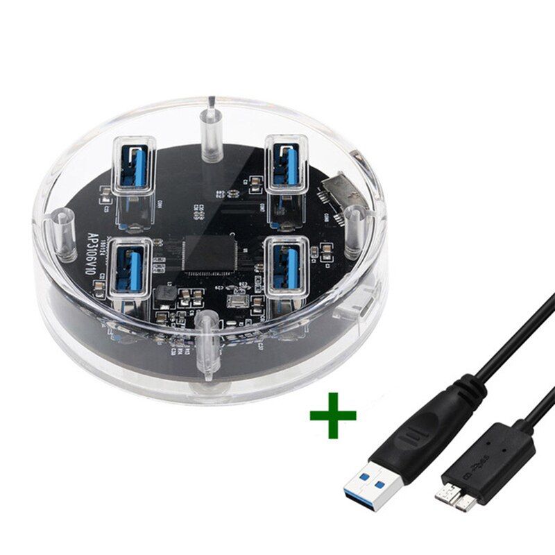 2 Shapes USB3.0 Splitter 4 Port High-Speed Transparent HUB With Charging Cable Durable 5Gbps Docking Station