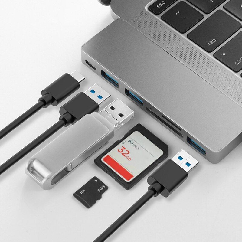 USB C Hub 6 Ports USB Type C to USB 3.0 Hub Adapter with Micro USB microSD and SD Card Reader, for MacBook Pro T84C