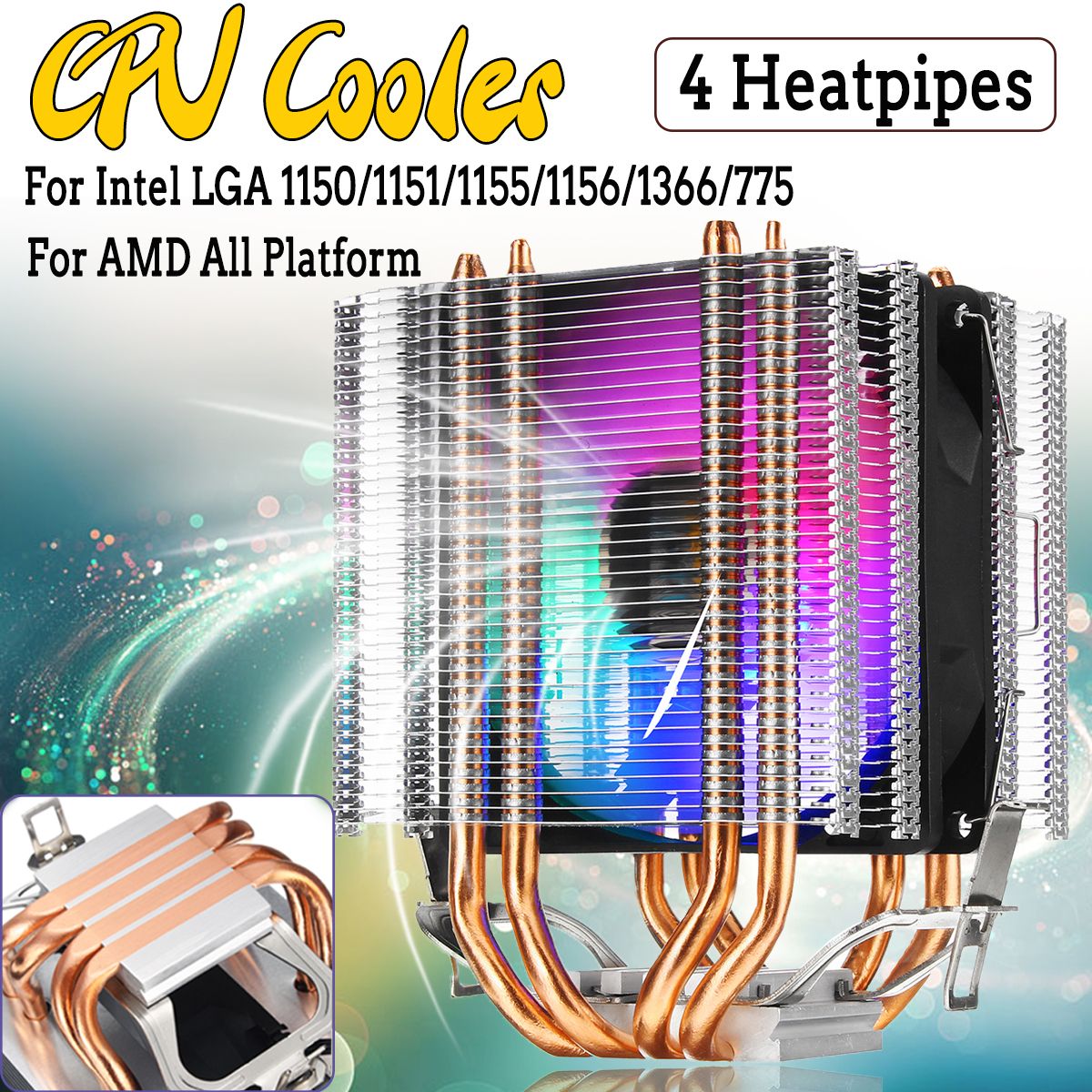 90mm CPU Cooler Heatsink 4 Heatpipe RGB Fan for LGA 775/1155/1156/1150/1366 AMD
