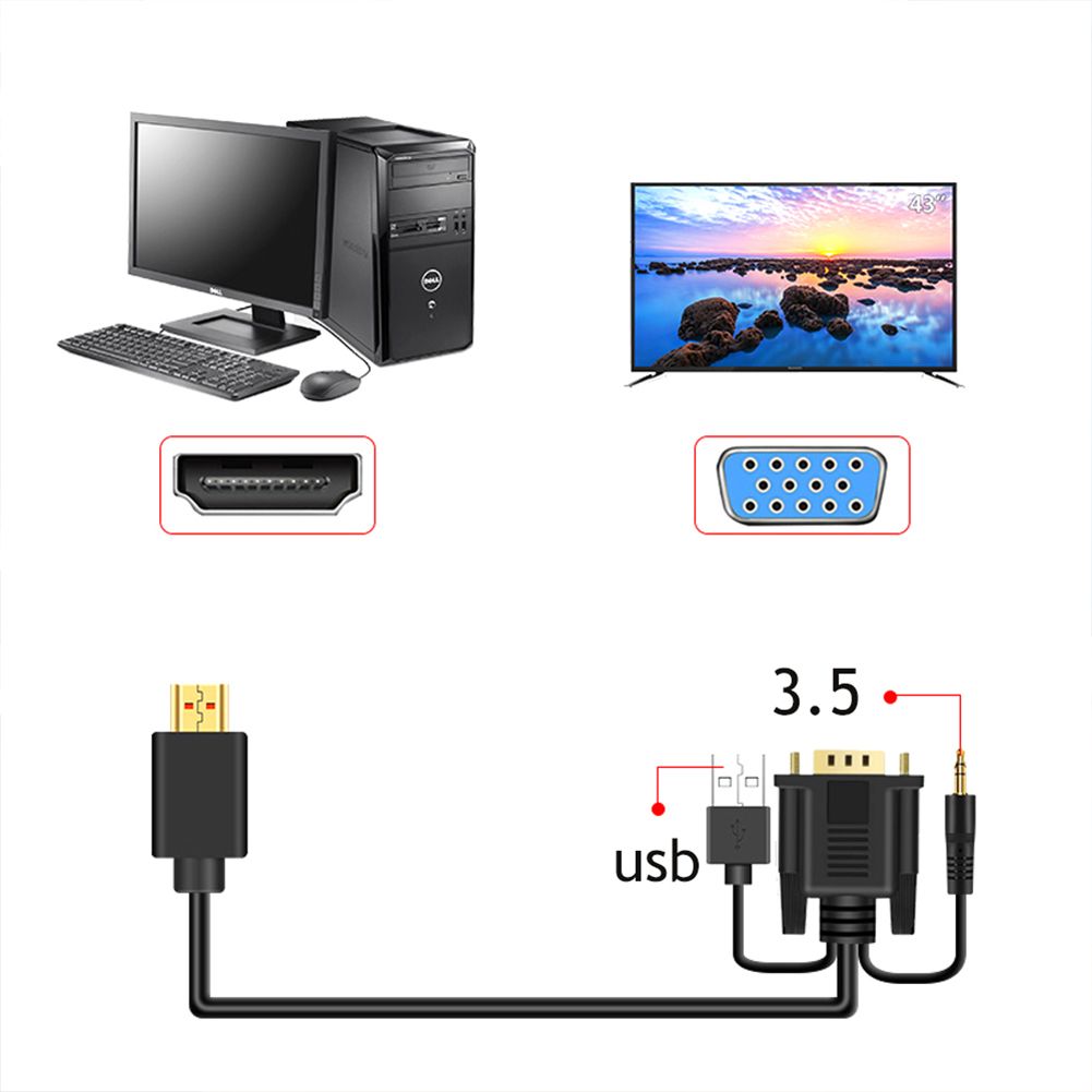 Hdmi-compatible To Vga Adapter Cable Plus Audio 3.5 Audio And Video Converter