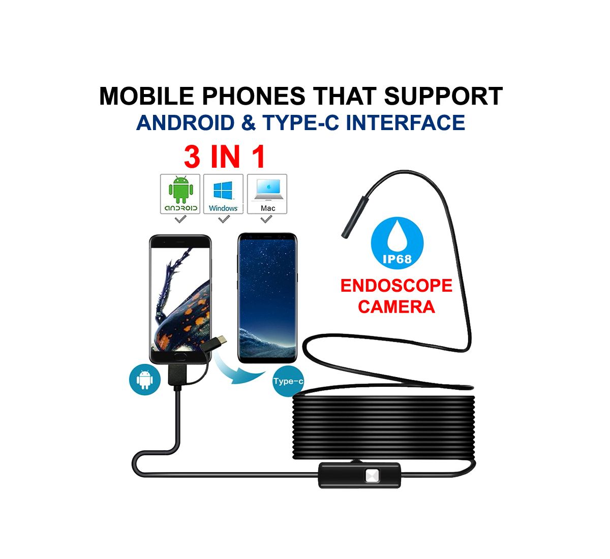 Mini Android Endoscope Camera 3in1 Waterproof with Flexible wire 2M