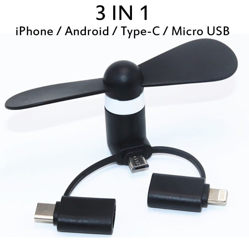 Portable 3 in 1 Cooling Cooler Mini USB Fan Cell Phone Fan for Iphone Android Type-C Hanldheld Mini Fan for Android Micro USB