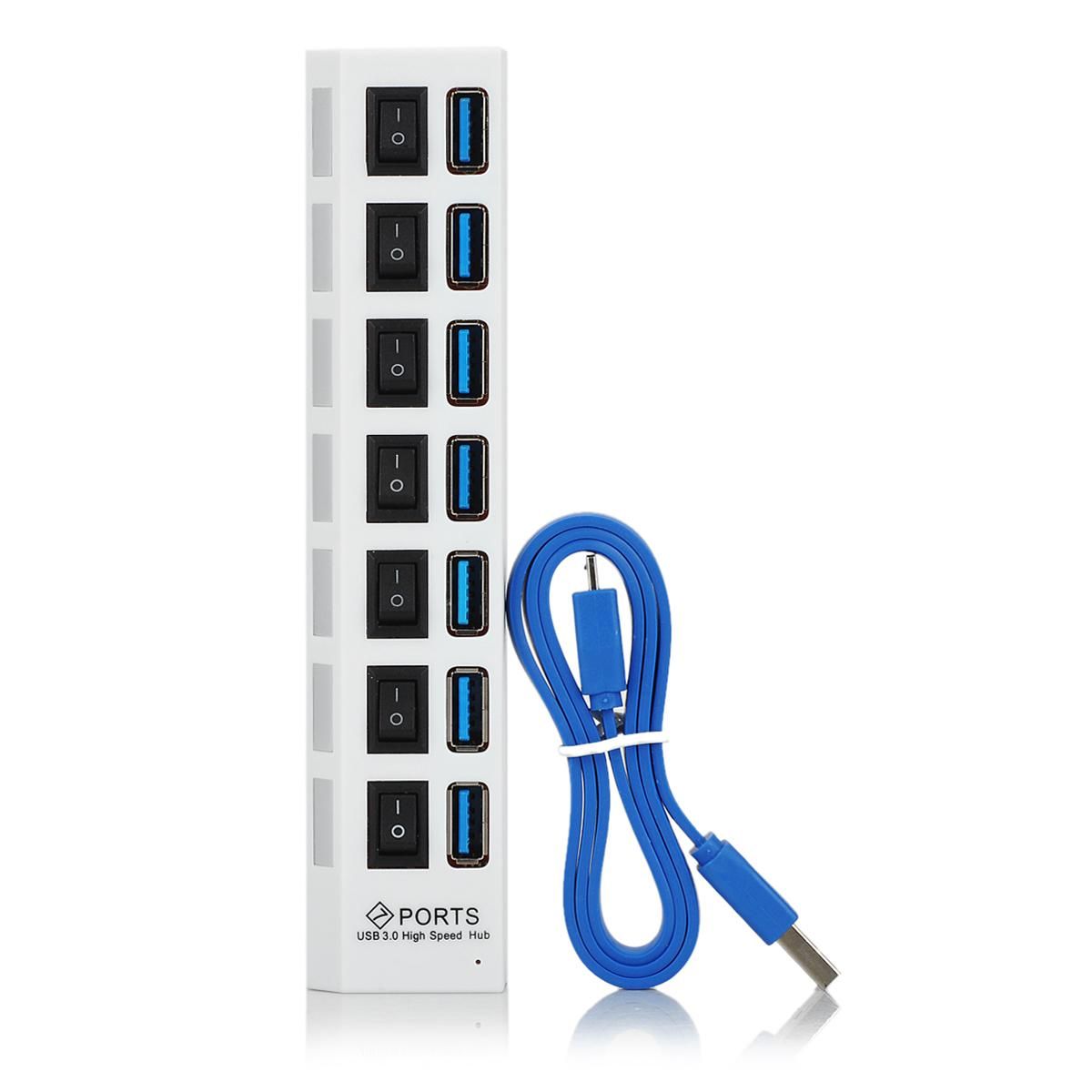 5Gbps 7-Port USB 3.0 HUB w/ Individual Switch + EU Plug Adapter -White