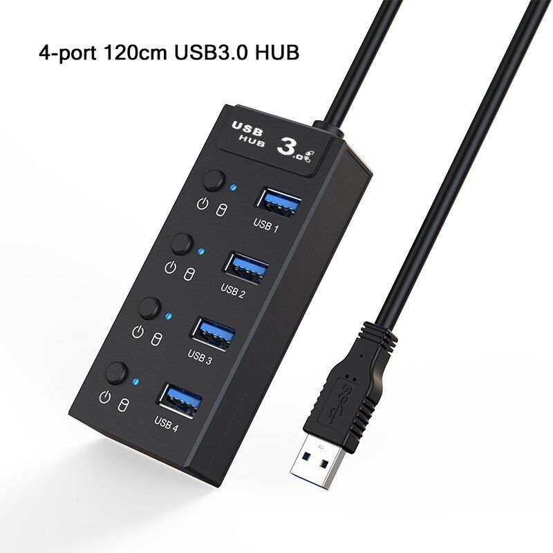 Sub-control Switch 4-Port USB 3.0 Hub 30/60/120cm Cable Portable 5Gbps Charging Splitter For Multi USB Desktop Laptop