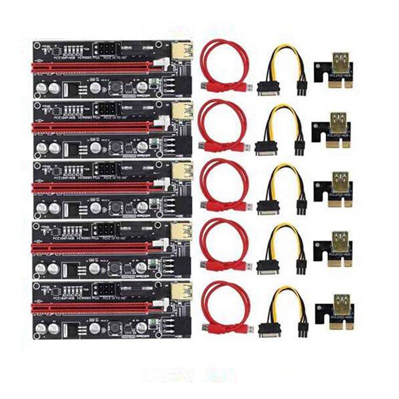 5PCS PCI-E Riser VER009S Plus GPU PCIE Card PCI E X16 to X1PCI Express Adapter Card 6Pin to SATA USB3.0 with LED Lights
