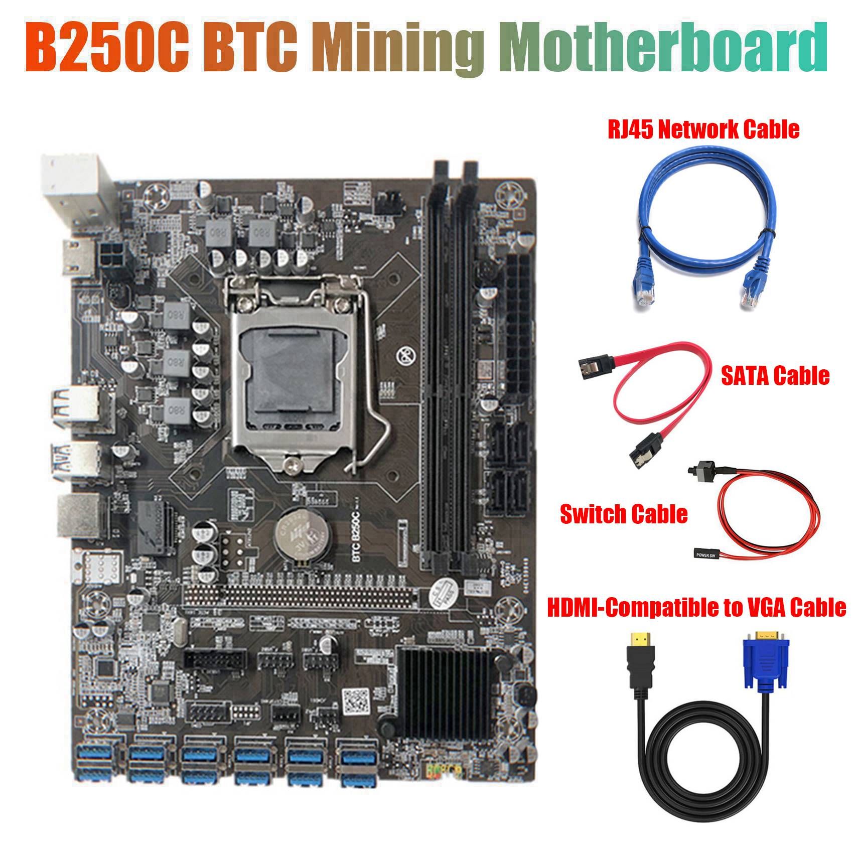 B250C Miner Motherboard with RJ45 Cable+HD to VGA Cable+SATA Cable+Switch Cable 12 PCIE to USB3.0 GPU Slot LGA1151