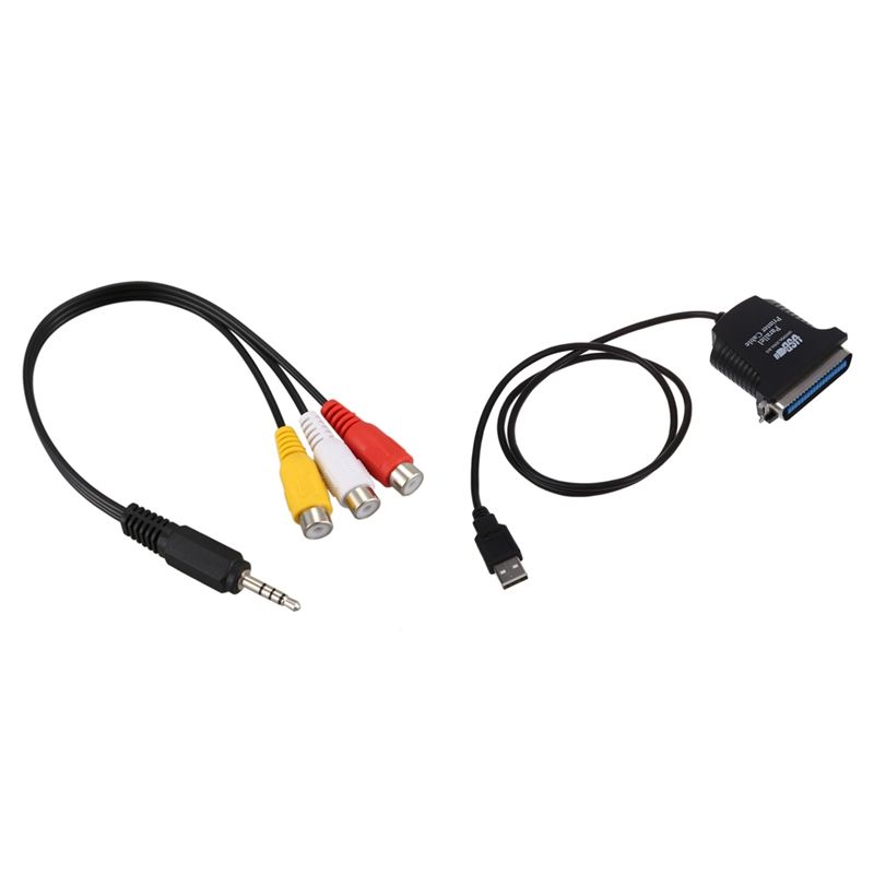2PC USB to Parallel 36 Pin Centronics Printer Adapter Cable with 3.5mm Male Plug to 3 RCA Female Audio Video AV Cable