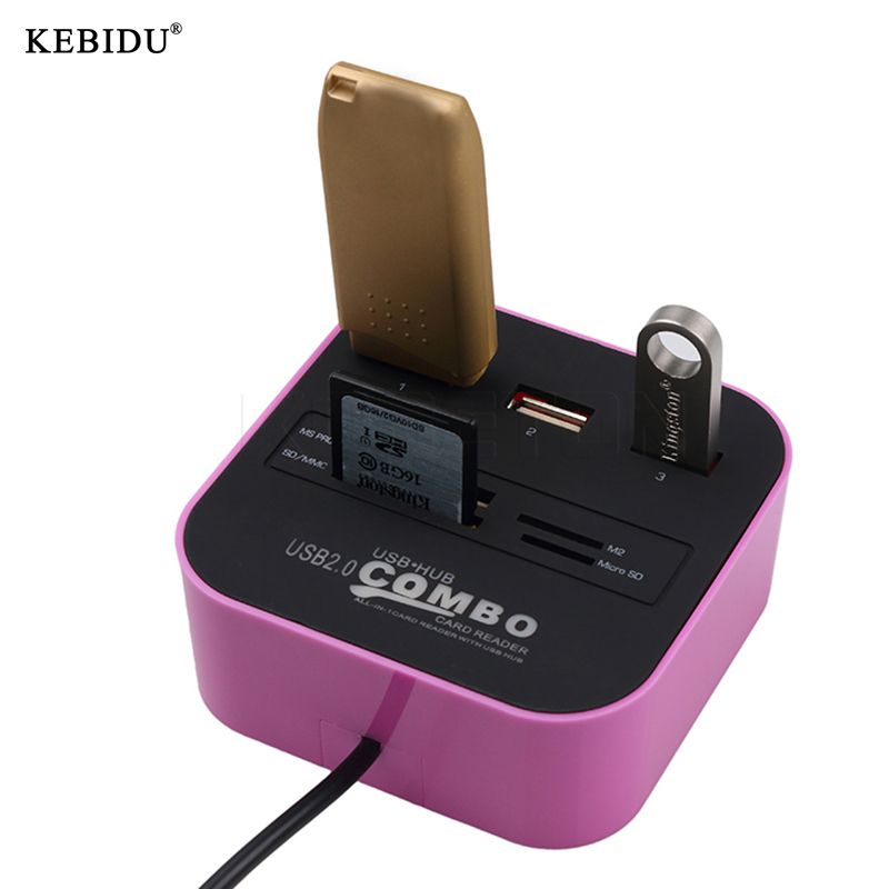 Kebidu 3 Ports USB 2.0 Hub with Card Reader Function Combo Support MS M2 SD MMC TF Card