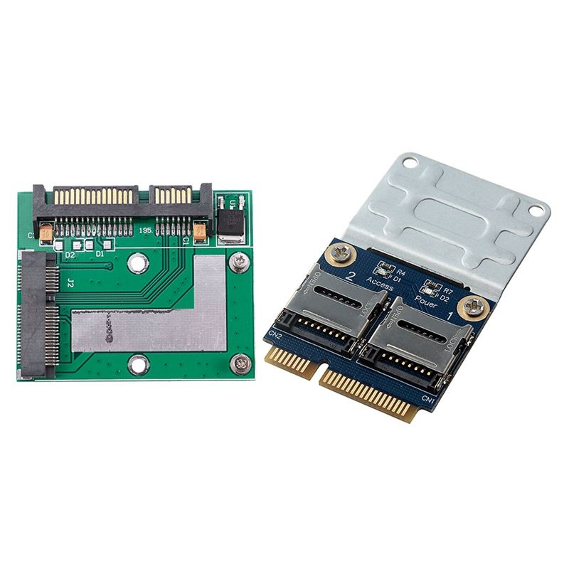 1 Pcs Msata Ssd To 2.5 Inch Sata3 Card Pcie Module Board & 1 Pcs 2 SSD HDD TF To Mini PCIe Card Reader Pci-E Adapter - Silver-blue & green